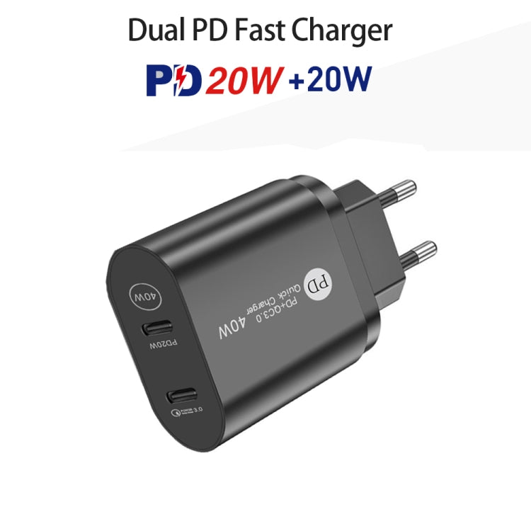 002 40W Dual Port PD / Type-C Fast Charger with USB-C to 8 Pin Data Cable, EU Plug, EU Plug + Type-C to 8 Pin Cable