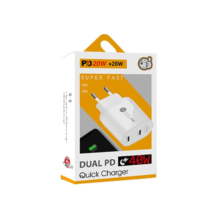002 40W Dual Port PD / Type-C Fast Charger with USB-C to 8 Pin Data Cable, EU Plug, EU Plug + Type-C to 8 Pin Cable