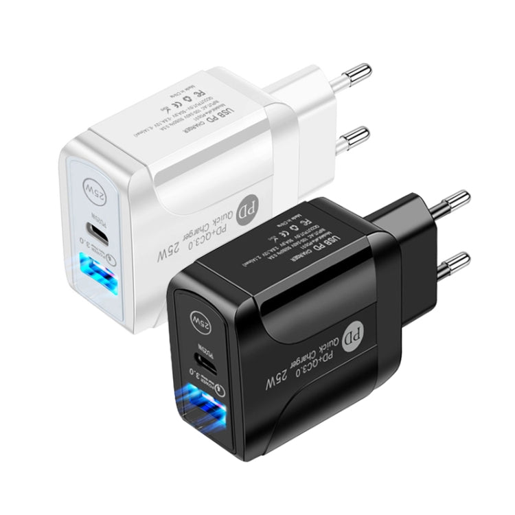 PD25W USB-C / Type-C + QC3.0 USB Dual Ports Fast Charger with USB-C to 8 Pin Data Cable, EU Plug, EU Plug + USB-C to 8 Pin Cable