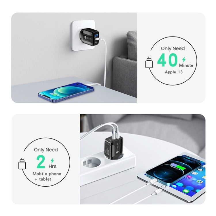 PD25W USB-C / Type-C + QC3.0 USB Dual Ports Fast Charger with USB-C to 8 Pin Data Cable, EU Plug, EU Plug + USB-C to 8 Pin Cable