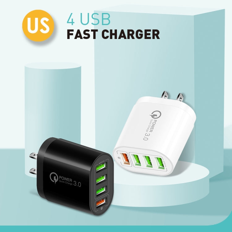 QC-04 QC3.0 + 3 x USB2.0 Multi-ports Charger with 3A USB to Type-C Data Cable, US Plug(Black)