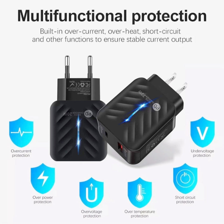 PD03 20W PD3.0 + QC3.0 USB Charger with Type-C to 8 Pin Data Cable, US Plug, US Plug + Type-C to 8 Pin Cable