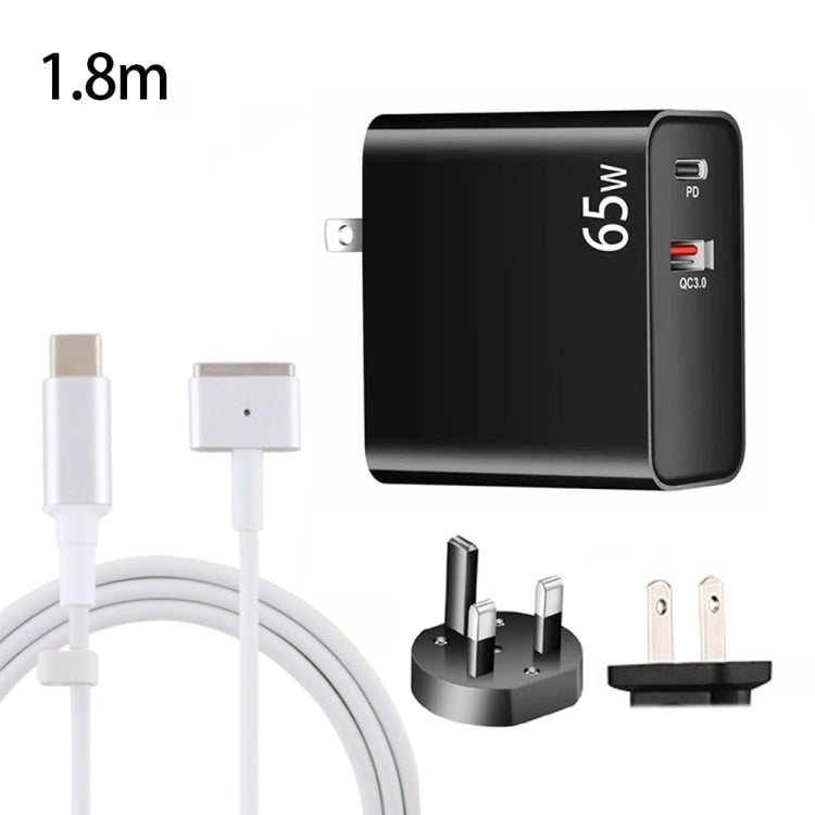 PD-65W USB-C / Type-C + QC3. 0 USB Laptop Charging Adapter + 1.8m USB-C / Type-C to MagSafe 2 / T Head Data Cable, UK Plug / US Plug(Black)
