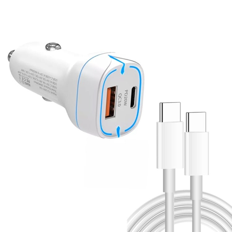 38W PD20W  QC3.0 USB Car Charger with Type-C to Type-C Data Cable, Length: 1m(White)