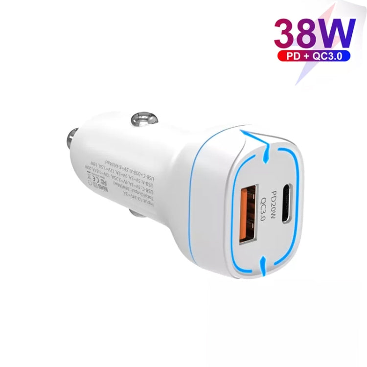 38W PD20W  QC3.0 USB Car Charger with Type-C to Type-C Data Cable, Length: 1m(White)