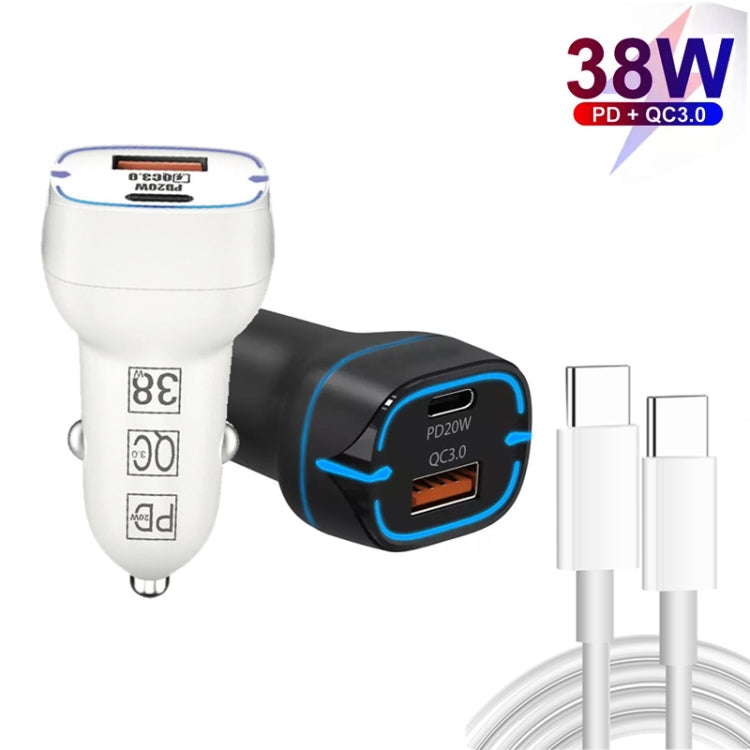 38W PD20W  QC3.0 USB Car Charger with Type-C to Type-C Data Cable, Length: 1m(White)