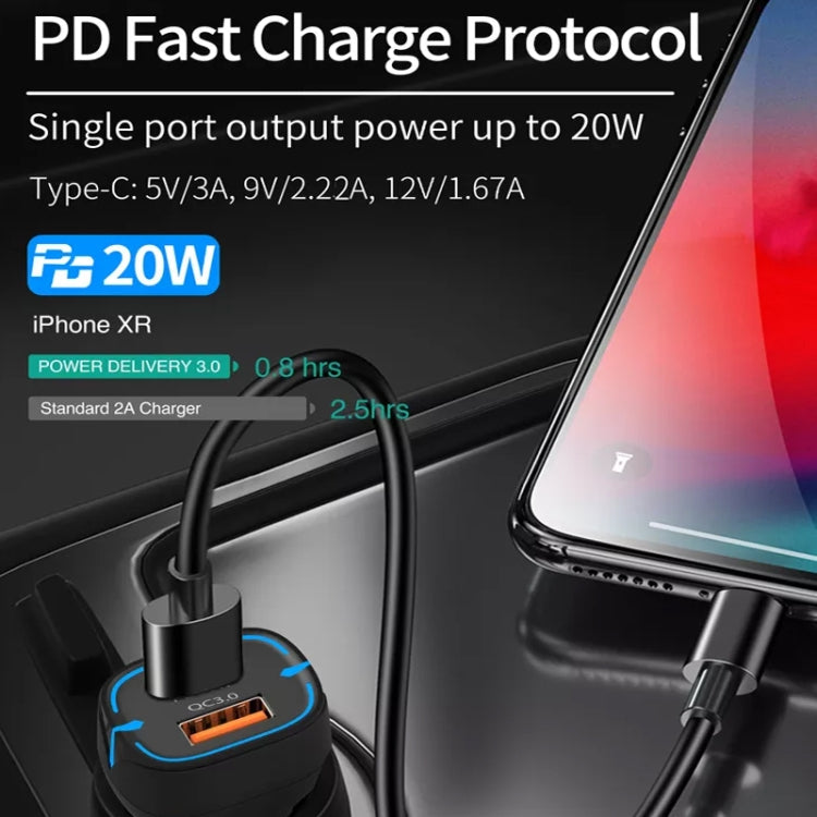 38W PD20W  QC3.0 USB Car Charger with Type-C to Type-C Data Cable, Length: 1m(Black)