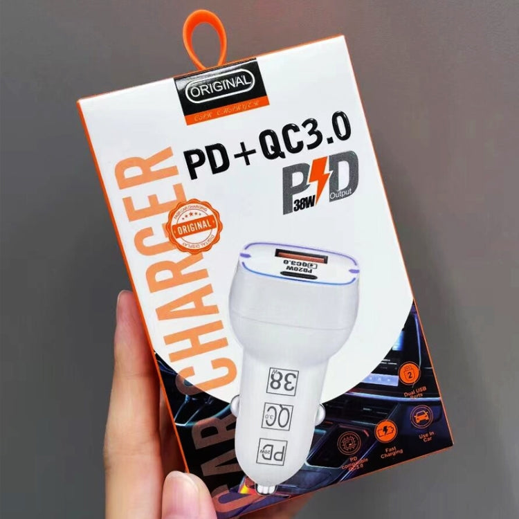 38W PD20W  QC3.0 USB Car Charger with Type-C to Type-C Data Cable, Length: 1m(White)