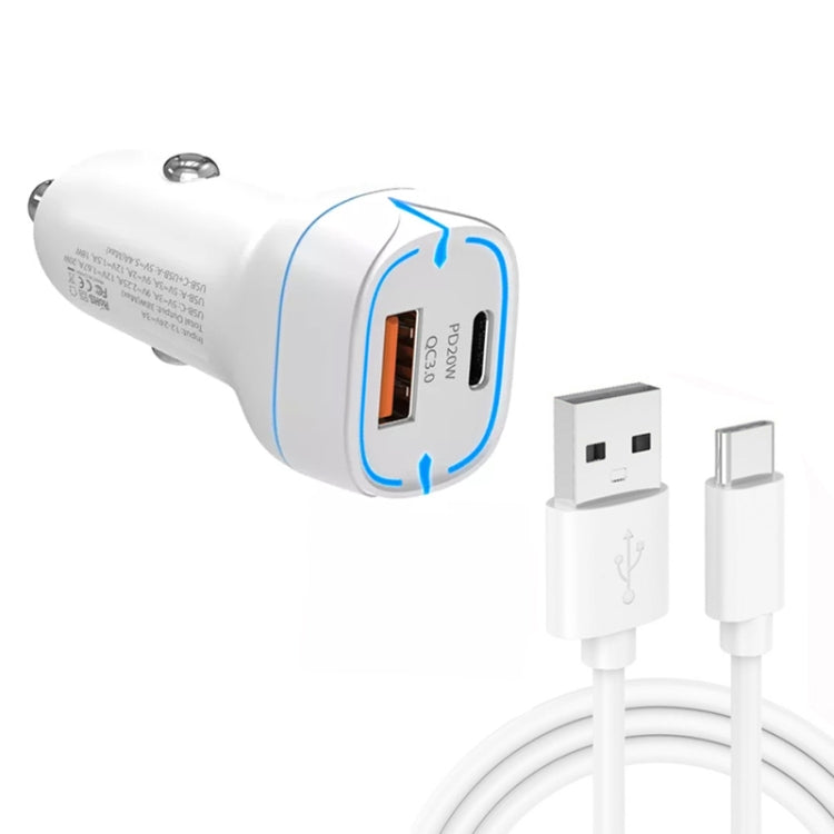38W PD20W  QC3.0 USB Car Charger with USB to Type-C Data Cable, Length: 1m(White)