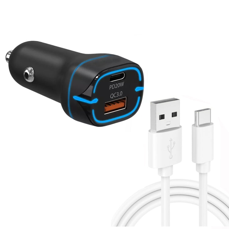 38W PD20W  QC3.0 USB Car Charger with USB to Type-C Data Cable, Length: 1m(Black)