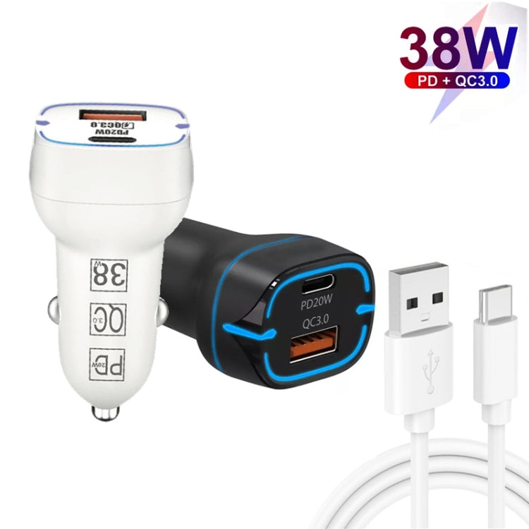 38W PD20W  QC3.0 USB Car Charger with USB to Type-C Data Cable, Length: 1m(Black)