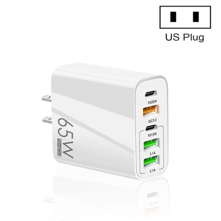 65W Dual PD Type-C + 3 x USB Multi Port Charger for Phone and Tablet PC, US Plug(White)