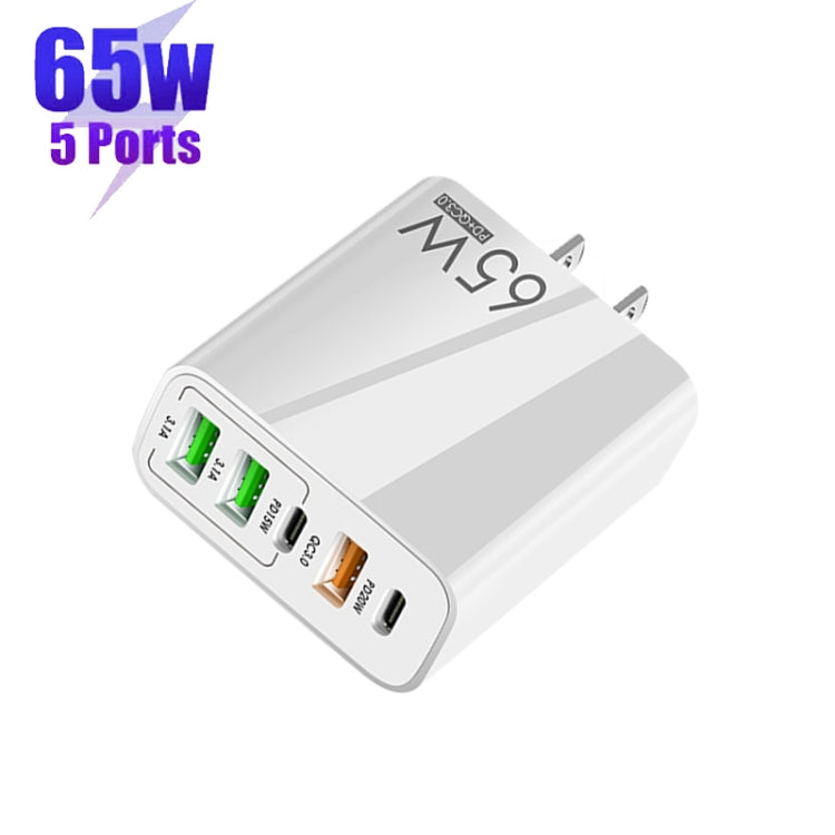 65W Dual PD Type-C + 3 x USB Multi Port Charger for Phone and Tablet PC, US Plug(White)