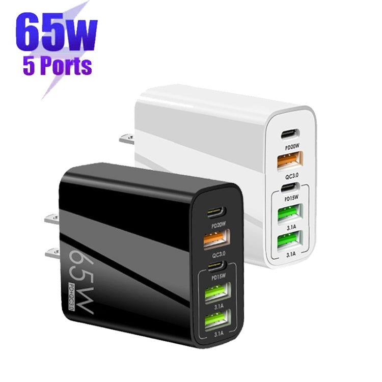65W Dual PD Type-C + 3 x USB Multi Port Charger for Phone and Tablet PC, US Plug(White)