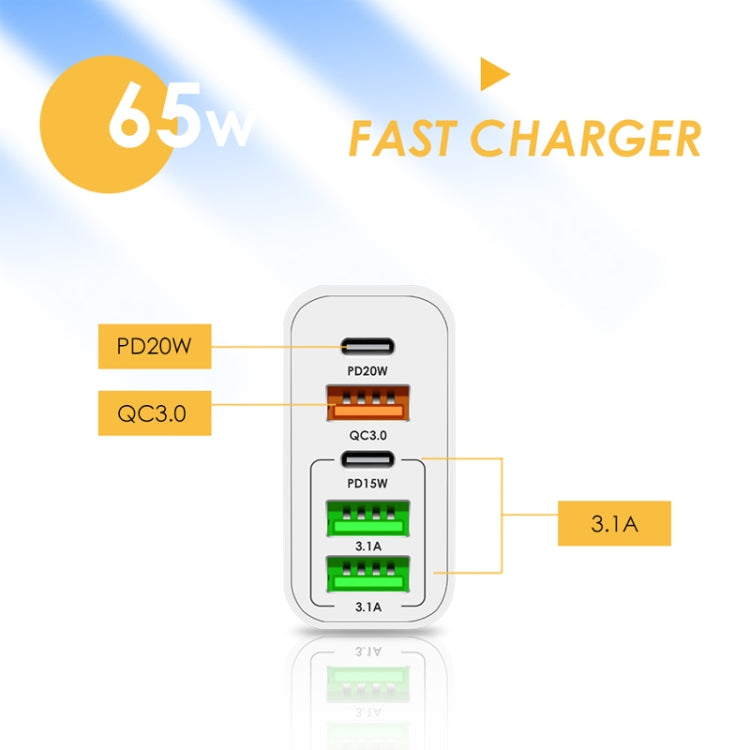 65W Dual PD Type-C + 3 x USB Multi Port Charger for Phone and Tablet PC, US Plug(White)