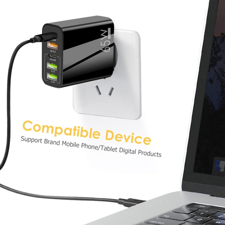65W Dual PD Type-C + 3 x USB Multi Port Charger for Phone and Tablet PC, US Plug(White)