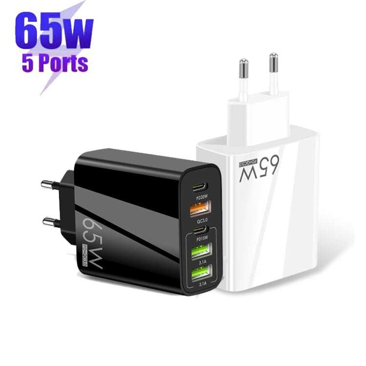 65W Dual PD Type-C + 3 x USB Multi Port Charger with 3A Type-C to Type-C Data Cable, EU Plug(Black)