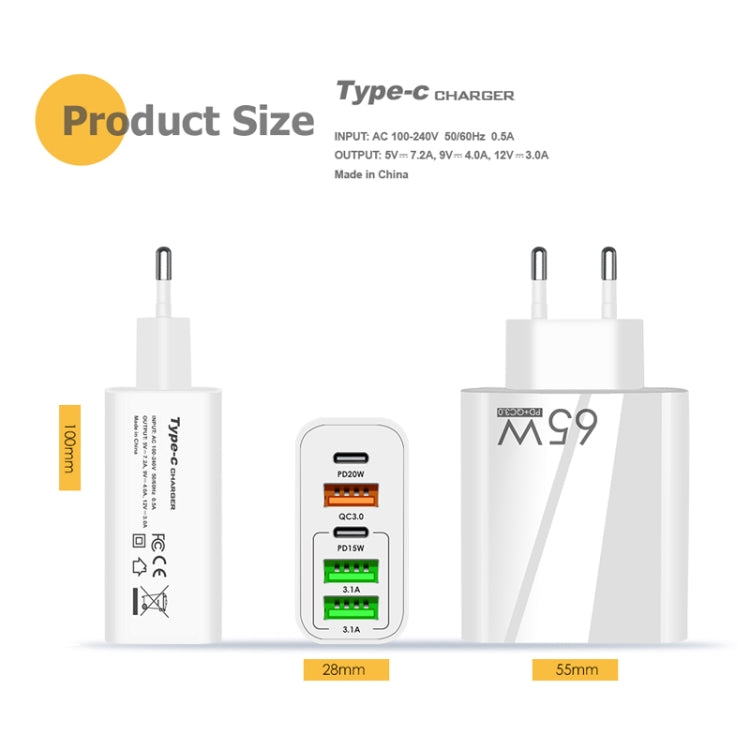 65W Dual PD Type-C + 3 x USB Multi Port Charger with 3A Type-C to Type-C Data Cable, EU Plug(Black)