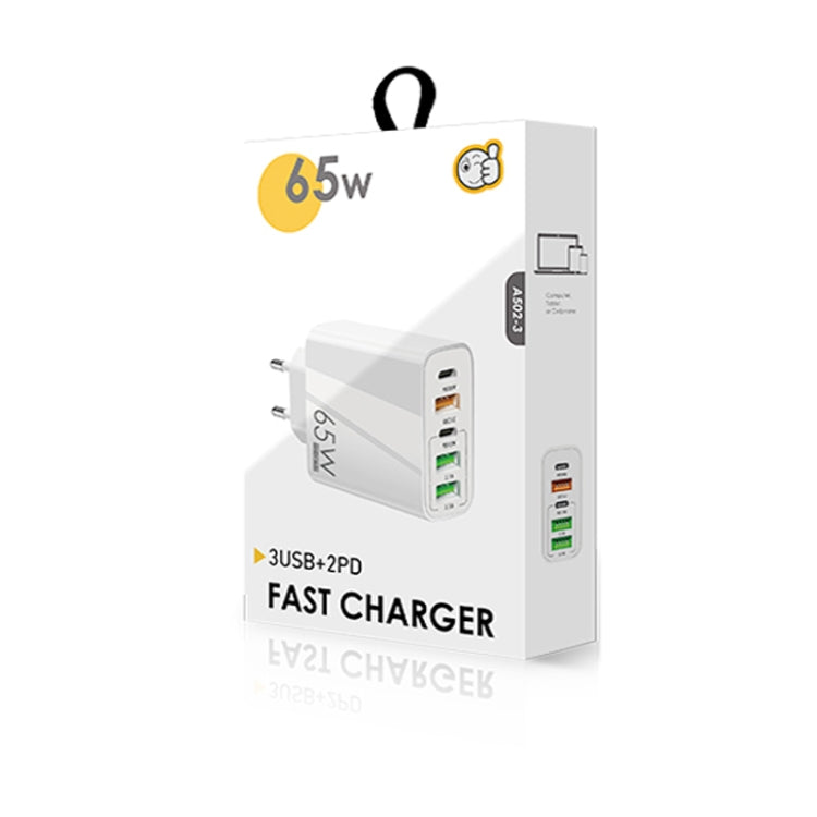65W Dual PD Type-C + 3 x USB Multi Port Charger with 3A Type-C to Type-C Data Cable, EU Plug(Black)