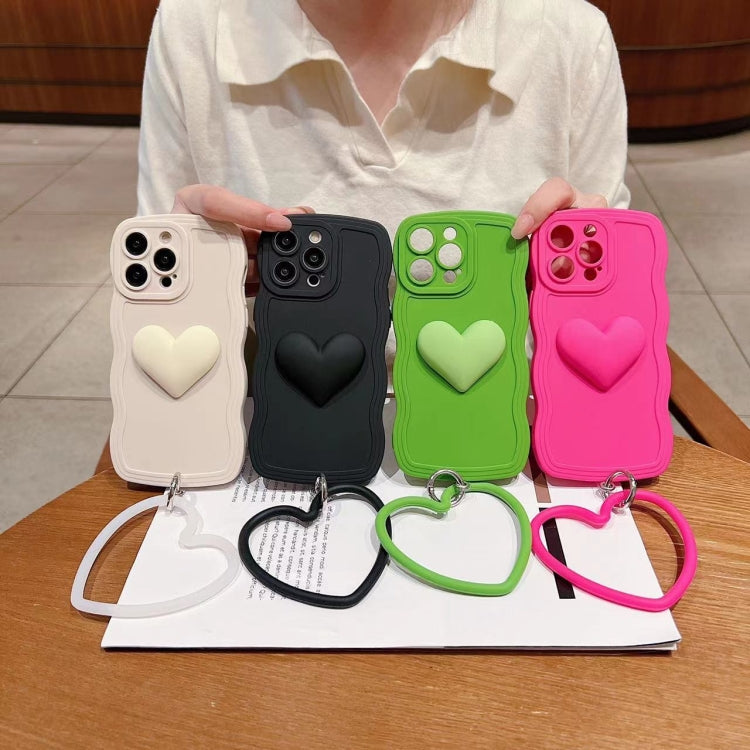 For iPhone 14 3D Heart Skin-Feel Silicone Phone Case with Wristband(Black)