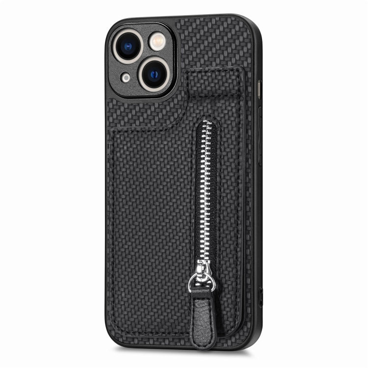 For iPhone 14 Carbon Fiber Vertical Flip Zipper Phone Case(Black)