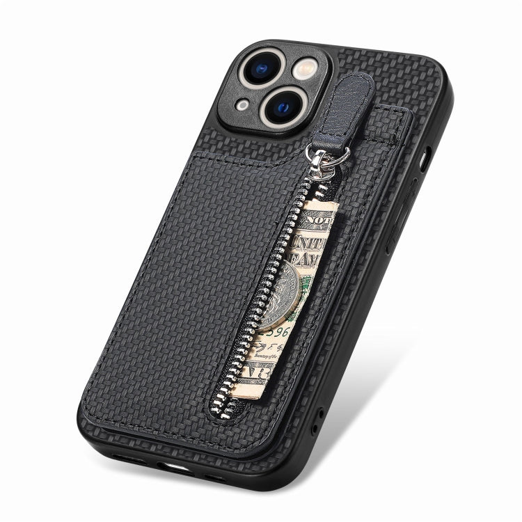 For iPhone 14 Carbon Fiber Vertical Flip Zipper Phone Case(Black)