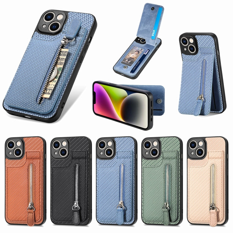 For iPhone 14 Carbon Fiber Vertical Flip Zipper Phone Case(Black)