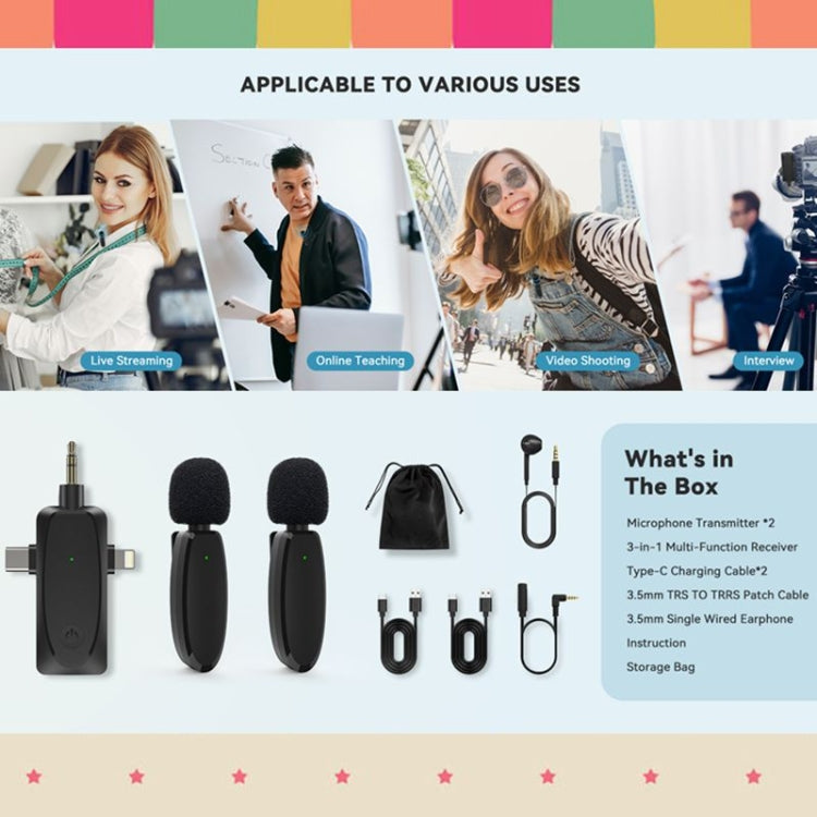 One by Two 3 in 1 Mini Wireless Lavalier Microphones for iPhone / Android / Camera with Noise Reduction Function