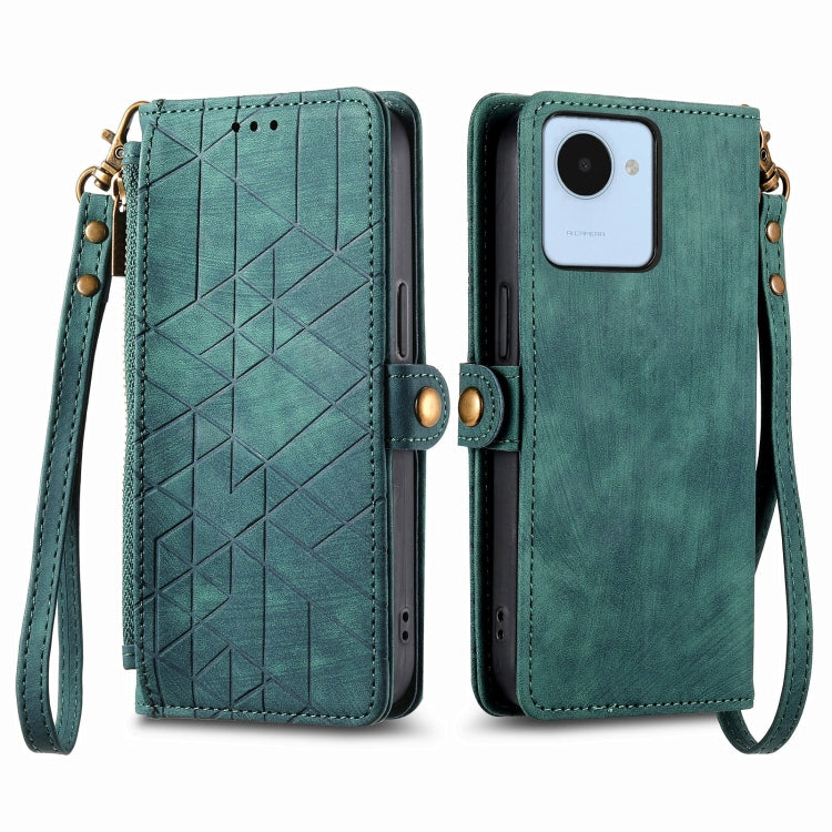 For Realme 10 Pro+ Geometric Zipper Wallet Side Buckle Leather Phone Case(Green)