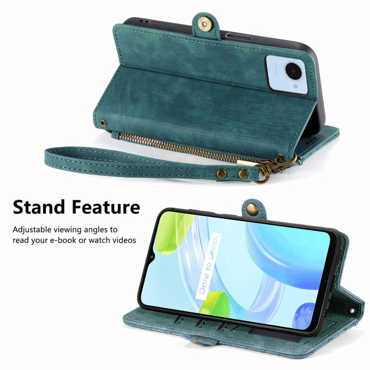 For Realme 10 Pro+ Geometric Zipper Wallet Side Buckle Leather Phone Case(Green)