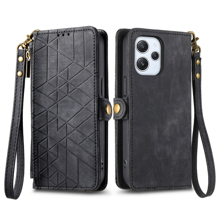For Xiaomi Redmi 12C Geometric Zipper Wallet Side Buckle Leather Phone Case(Black)