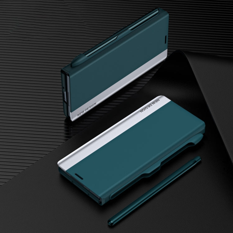 For  Samsung Galaxy Z Fold 5   5G Side Electroplating Adsorption Ultra-thin Leather Phone Case with Pen(Blue)