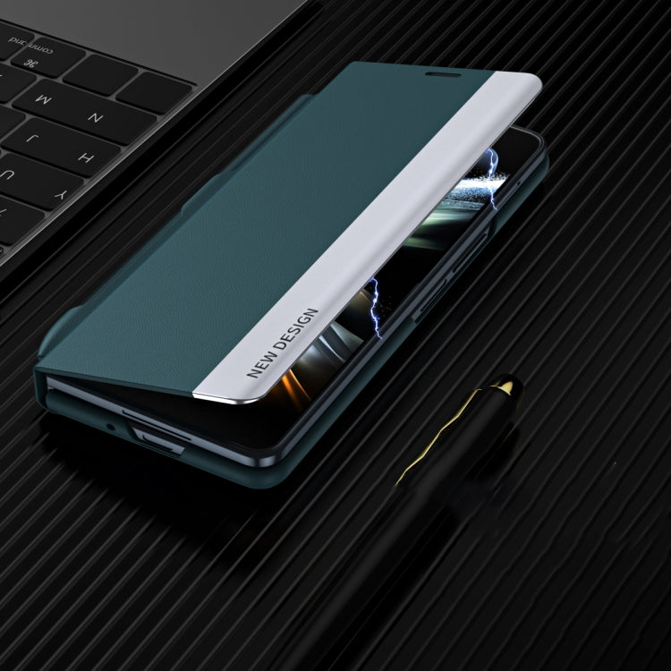 For  Samsung Galaxy Z Fold 5   5G Side Electroplating Adsorption Ultra-thin Leather Phone Case with Pen(Blue)