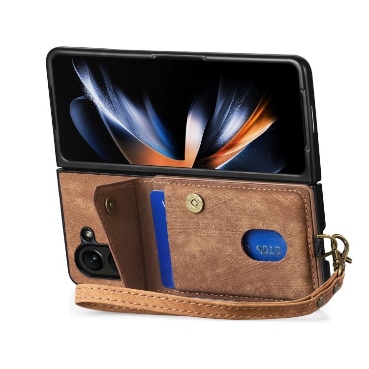 For Samsung Galaxy Z Fold5 5G Retro Card Wallet Fold Leather Phone Case with Strap(Brown)