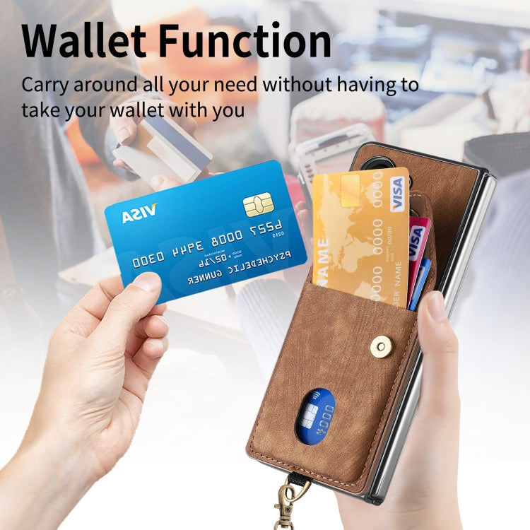 For Samsung Galaxy Z Fold5 5G Retro Card Wallet Fold Leather Phone Case with Strap(Brown)