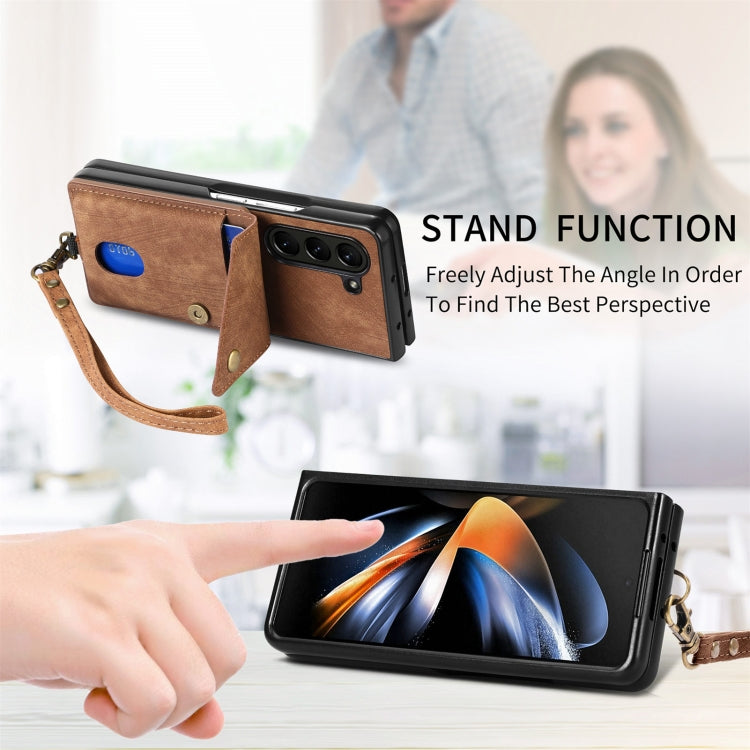 For Samsung Galaxy Z Fold5 5G Retro Card Wallet Fold Leather Phone Case with Strap(Brown)