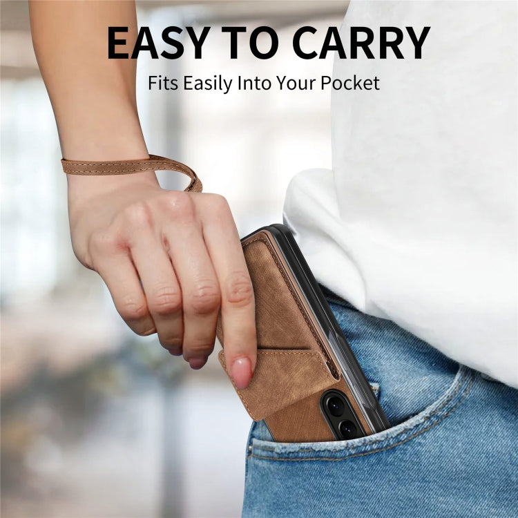 For Samsung Galaxy Z Fold5 5G Retro Card Wallet Fold Leather Phone Case with Strap(Brown)