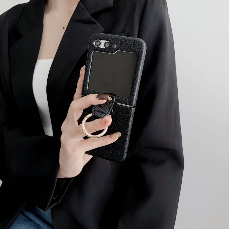 For Samsung Galaxy Z Flip5 5G Litchi Leather Ring Shockproof Phone Case(Black)