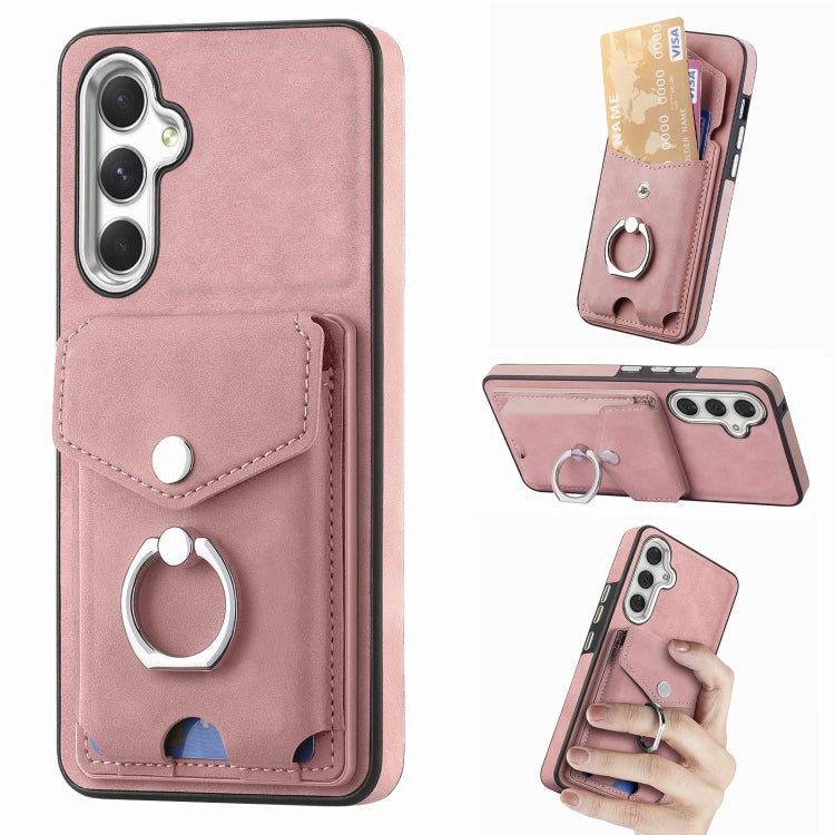 For Samsung Galaxy A34 5G Electroplating Skin-feel Leather Ring Card Wallet Phone Case(Pink)
