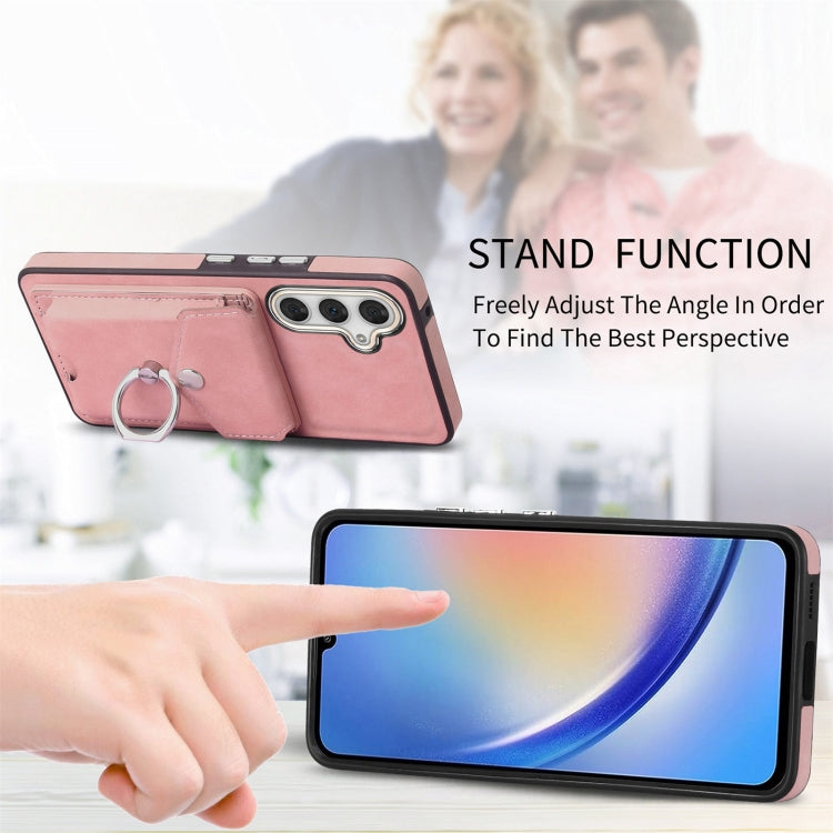 For Samsung Galaxy A34 5G Electroplating Skin-feel Leather Ring Card Wallet Phone Case(Pink)