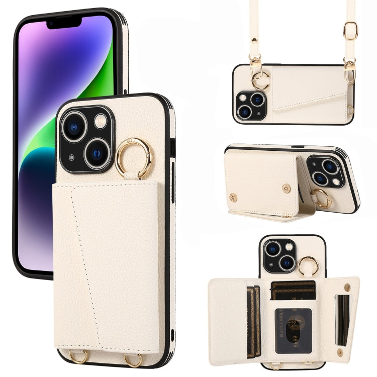 For iPhone 14 Plus Crossbody Ring Wallet Leather Back Cover Phone Case(White)