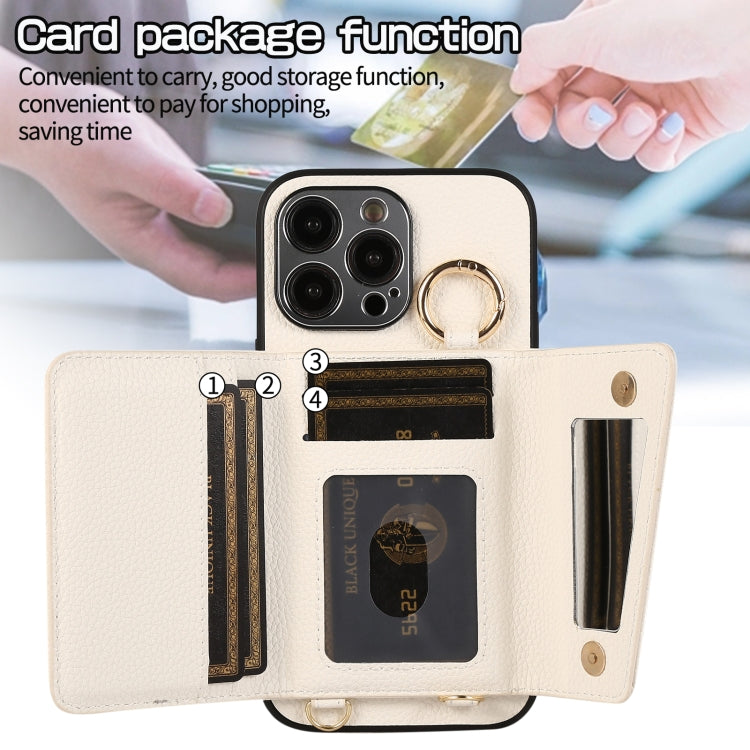 For iPhone 14 Plus Crossbody Ring Wallet Leather Back Cover Phone Case(White)