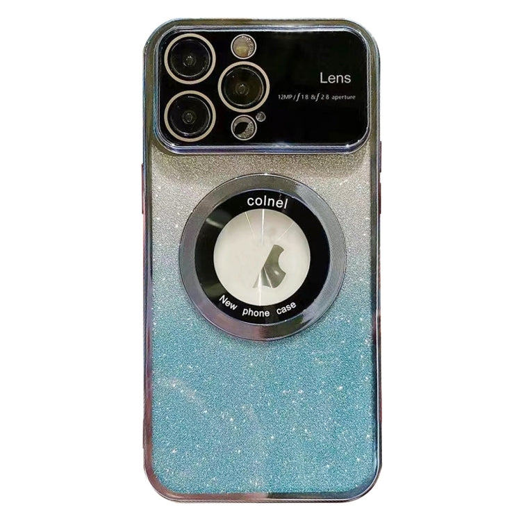 For iPhone 15 Pro Max Large Window MagSafe Gradient Glitter Electroplating TPU Phone Case(Blue)