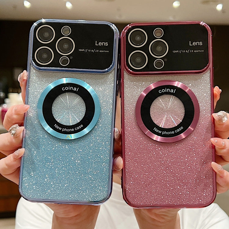 For iPhone 15 Pro Max Large Window MagSafe Gradient Glitter Electroplating TPU Phone Case(Blue)