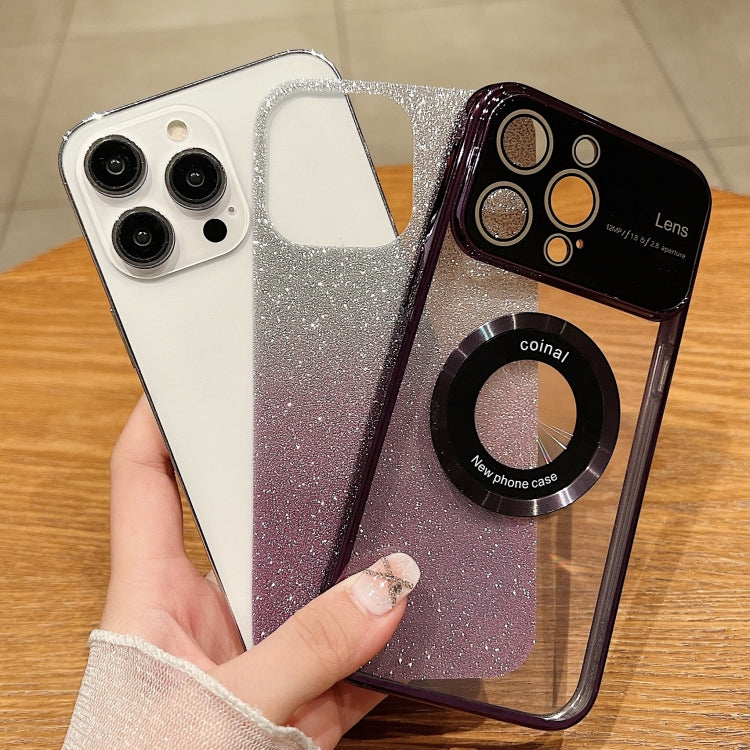 For iPhone 15 Pro Max Large Window MagSafe Gradient Glitter Electroplating TPU Phone Case(Blue)
