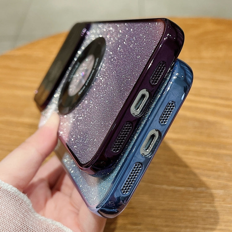 For iPhone 15 Pro Max Large Window MagSafe Gradient Glitter Electroplating TPU Phone Case(Blue)