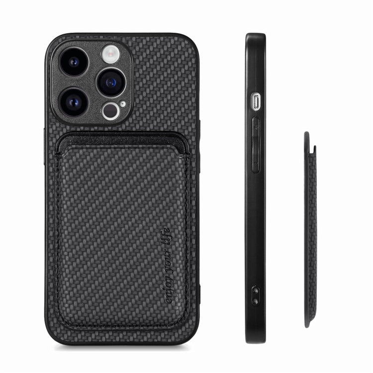 For iPhone 15 Pro Max Carbon Fiber Leather Card Magsafe Phone Case(Black)