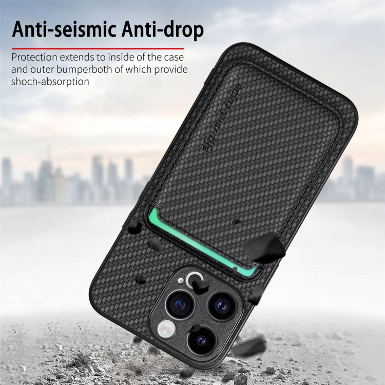 For iPhone 15 Pro Max Carbon Fiber Leather Card Magsafe Phone Case(Black)