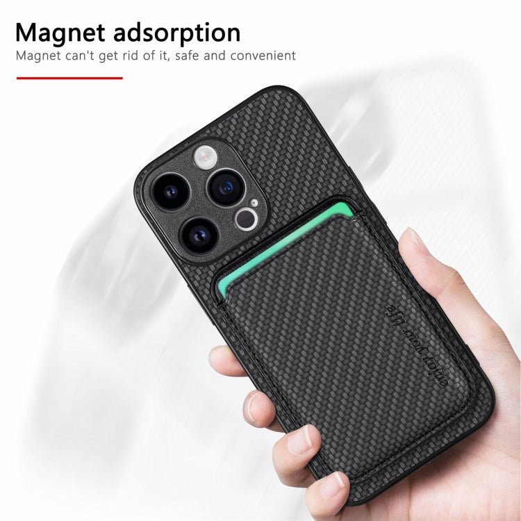 For iPhone 15 Pro Max Carbon Fiber Leather Card Magsafe Phone Case(Black)