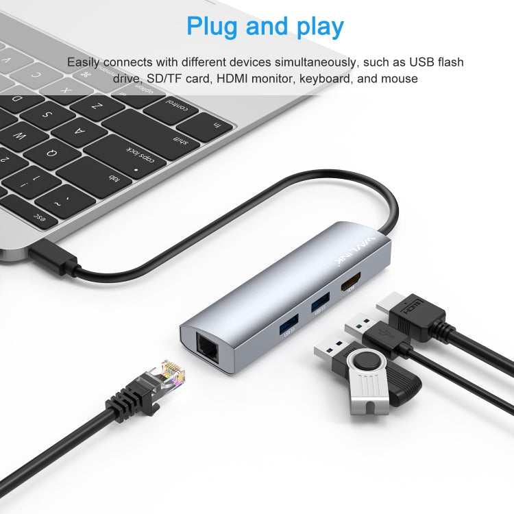 WAVLINK WL-UHP3408 USB HUB Adapter 4-in-1 Type-C to HD + 2xUSB3.0 + Gigabit RJ45 Docking Station, UHP3408